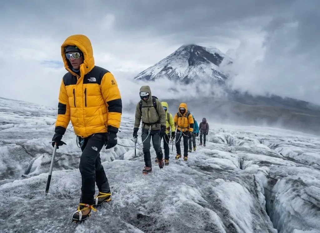 Mountaineers in The North Face gear and Julbo glasses climbing the glaciated flank of Cotopaxi volcano.