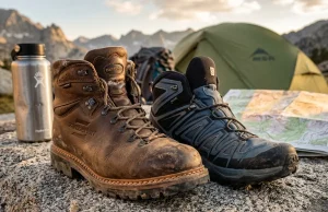 Goodyear Welt vs Cemented Which Boot Lasts on Trail Close-up of a Zamberlan welted hiking boot sole edge on granite, welt seam visible, trail context