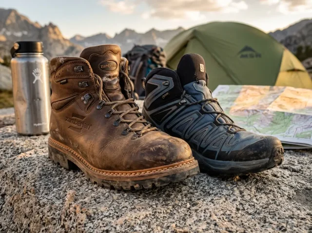 goodyear-welt-vs-cemented-hiking-boot-construction Close-up of a Zamberlan welted hiking boot sole edge on granite, welt seam visible, trail context