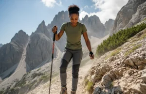 Goodyear Welt vs Cemented: A Trail Performance Analysis A focused female hiker with an athletic build navigating a treacherous rocky trail in the mountains.