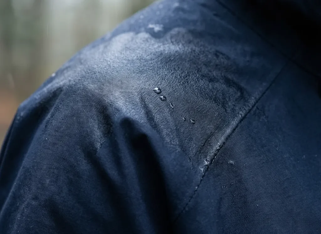 Close up of a blue waterproof jacket fabric that has wetted out, showing dark saturated patches where the water repellency has failed.