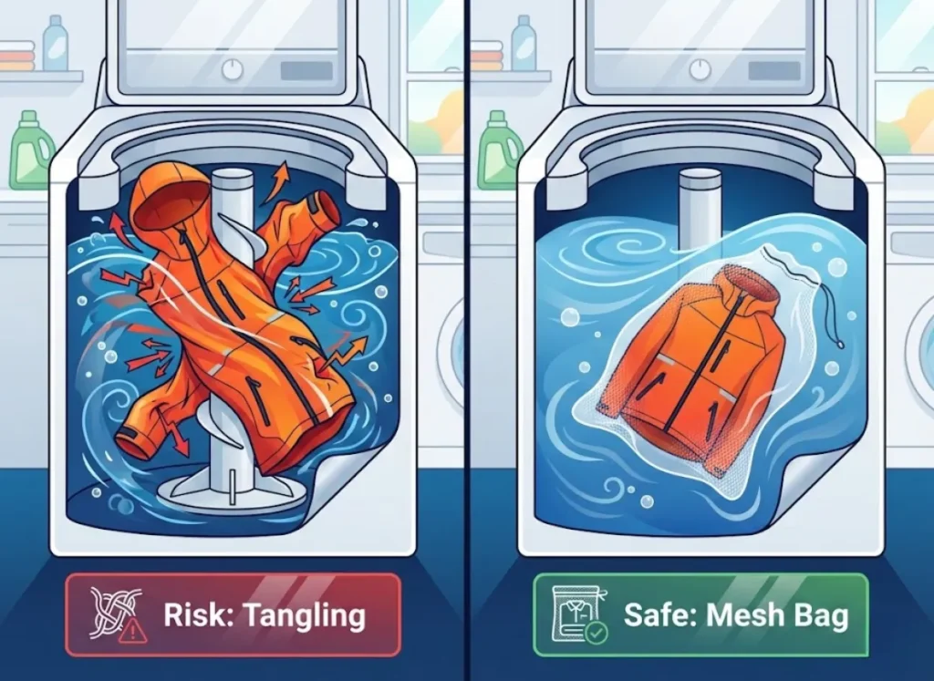 A split-screen educational illustration showing how to wash technical gear. The left panel shows a rain jacket twisted around a washing machine agitator labeled "Risk: Tangling." The right panel shows the jacket safely inside a mesh bag labeled "Safe: Mesh Bag."