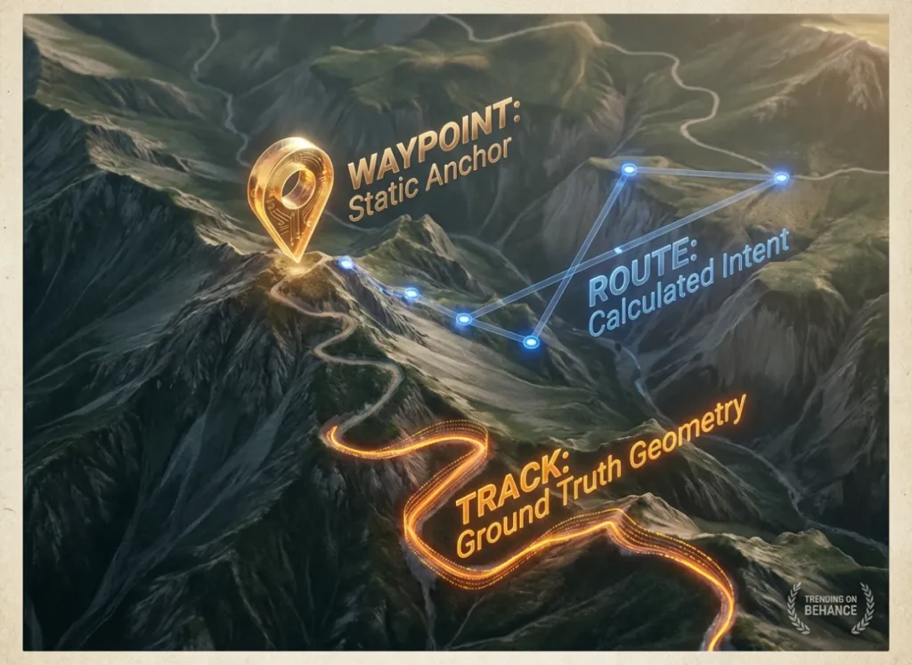 A high-definition semantic infographic illustrating the technical differences between a Waypoint, a Route, and a Track in GPS navigation, featuring a cinematic 3D mountain landscape with integrated digital data overlays.