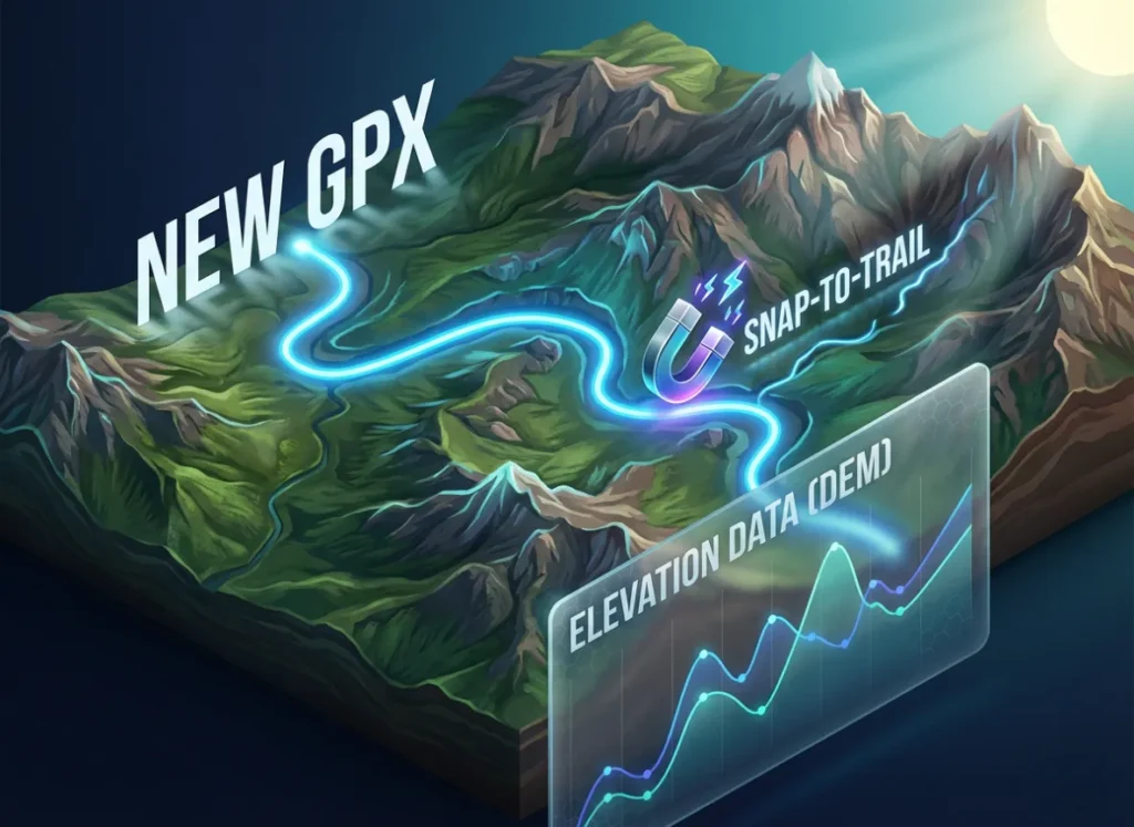 A high-definition semantic infographic illustrating the step-by-step process of creating a hiking track in gpx.studio. The scene features a 3D topographic map with a glowing trail, a magnetic 'Snap-to-trail' icon, and a digital elevation profile overlay.