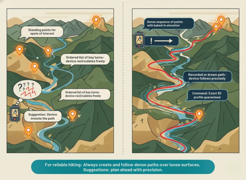 Side-by-side infographic illustrating the differences between GPX waypoints, routes, and tracks in hiking navigation, featuring a sparse suggestion-style map on the left contrasted with a dense command-style trail on the right, in a vibrant, professional vector style evoking adventurous landscapes.