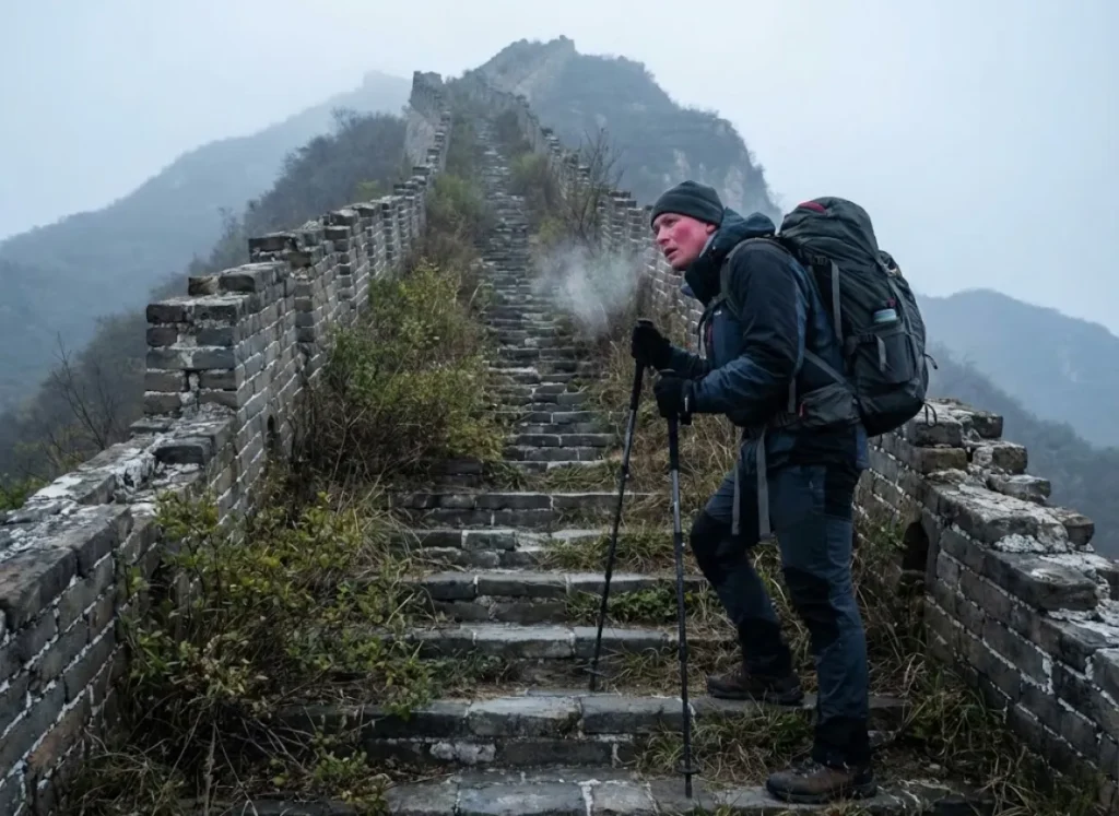 Hiker using trekking poles to climb steep, crumbling stone steps on a misty, overgrown section of an ancient wall.