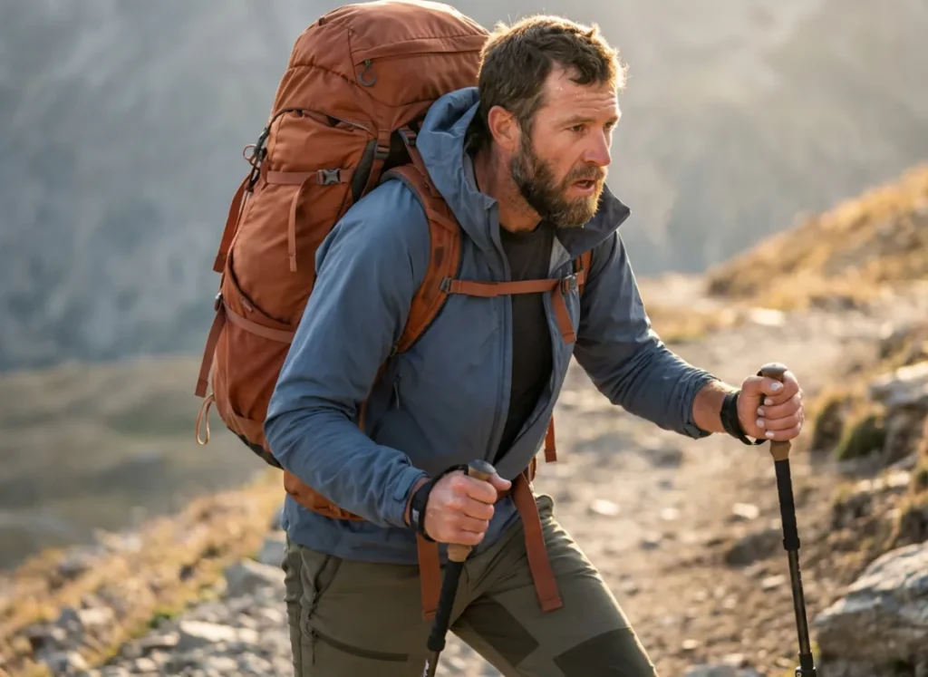 A tired hiker sweating while carrying a heavy backpacking pack uphill.