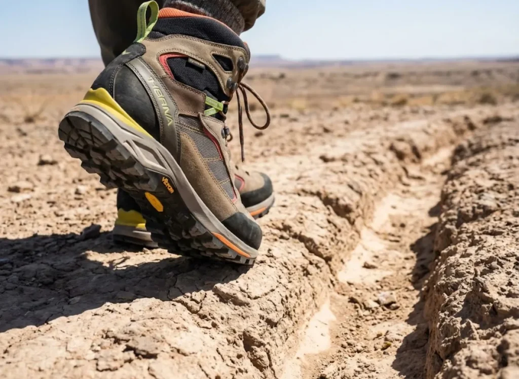 Close-up of modern hiking boots stepping onto uneven, ancient cobblestones, highlighting the contrast between modern gear and historical terrain.