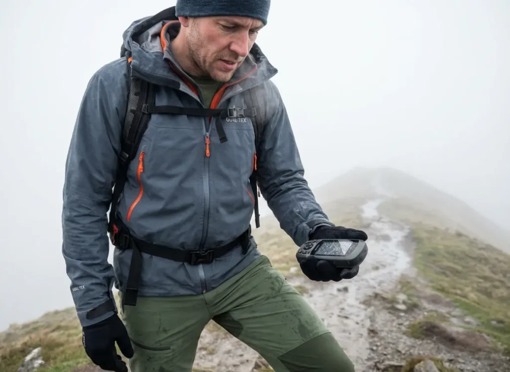A hiker in a yellow rain shell checks a handheld GPS device while standing in thick fog on a mountain ridge.