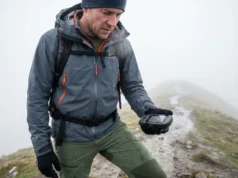How to Create a GPX File: The Ultimate Hiker’s Guide A hiker in a yellow rain shell checks a handheld GPS device while standing in thick fog on a mountain ridge.