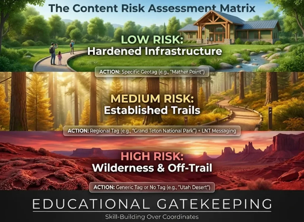 A premium 3D semantic infographic titled 'The Content Risk Assessment Matrix' for hikers. It features a color-coded vertical flow (Green, Yellow, Red) illustrating different terrain types—from paved overlooks to fragile wilderness—and provides specific geotagging protocols for each level to protect ecological integrity.