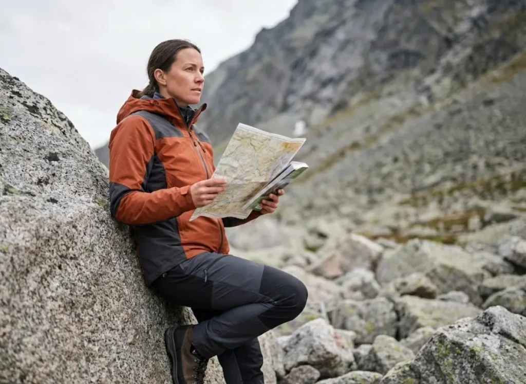 A hiker looks confused while comparing a topographic map to a steep, rocky mountainside, representing the difficulty of interpreting YDS ratings.