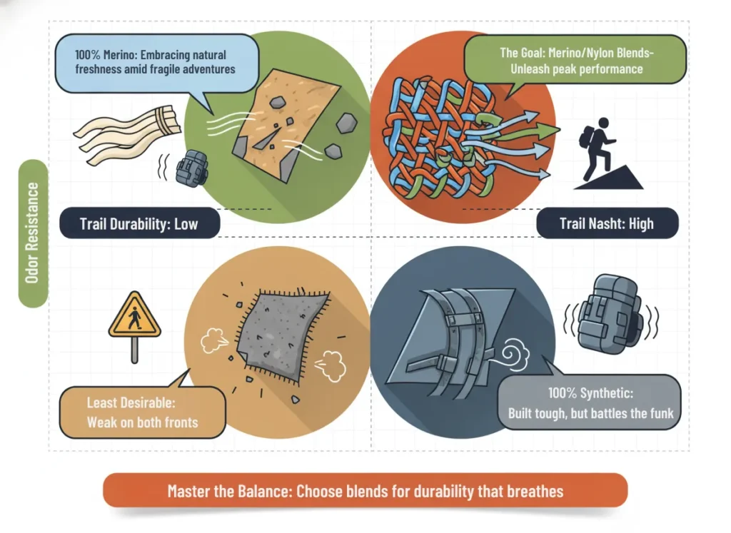 A vibrant 2x2 infographic matrix illustrating the trade-offs between trail durability and odor resistance in hiking base layers, featuring quadrants for 100% merino wool, synthetic fabrics, and merino-nylon blends, with trail-inspired icons and earthy color accents for an engaging educational visual.