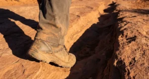 Hiking Ancient Trails: Historic Routes & Prep Close-up of dusty hiking boots stepping into a deep historical wagon rut carved into sandstone rock.
