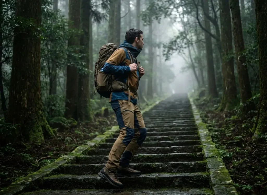A hiker with a backpack ascends a steep, mossy stone staircase on an ancient trail surrounded by misty forest.