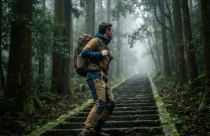 Hiking Ancient Trails: The Definitive Technical Guide A hiker with a backpack ascends a steep, mossy stone staircase on an ancient trail surrounded by misty forest.