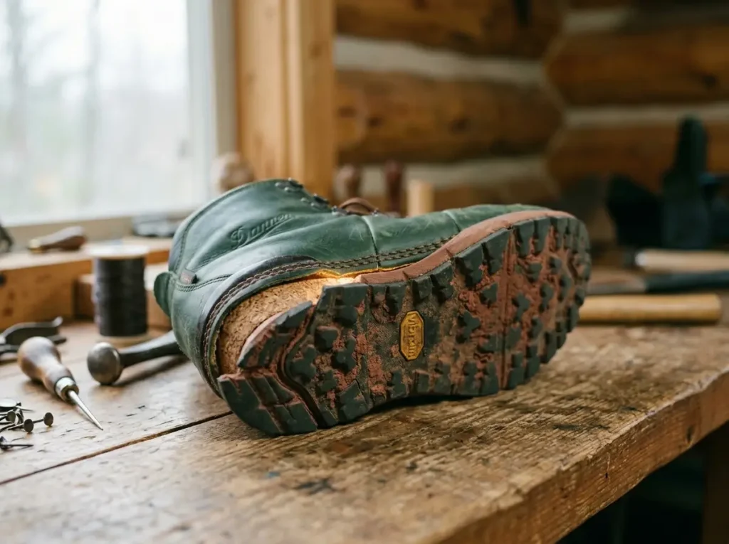 Danner boot cross-section showing stitchdown layers on trail, construction visible at sole edge