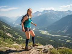 Hiking Compression Socks: A Trail-Proven Performance Review An athletic redhead woman wearing compression socks smiles while hiking on a scenic mountain trail.