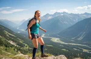 Hiking Compression Socks: A Trail-Proven Performance Review An athletic redhead woman wearing compression socks smiles while hiking on a scenic mountain trail.