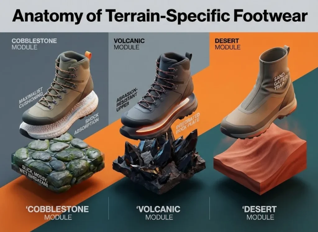 A premium semantic infographic showing three 3D cross-sections of specialized hiking boots floating over cobblestones, volcanic rock, and desert sand. Each section highlights internal technologies like rock plates and maximalist cushioning with integrated modern typography.
