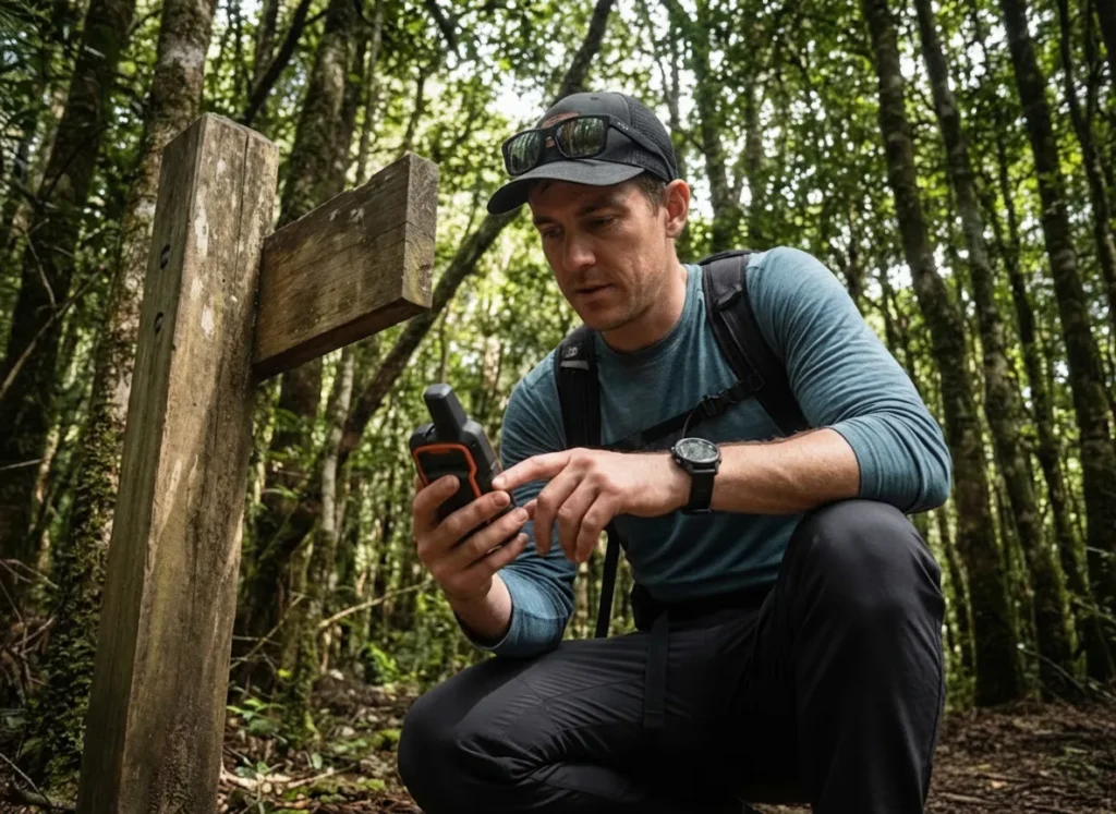 A hiker crouching on a trail checking a handheld GPS device.