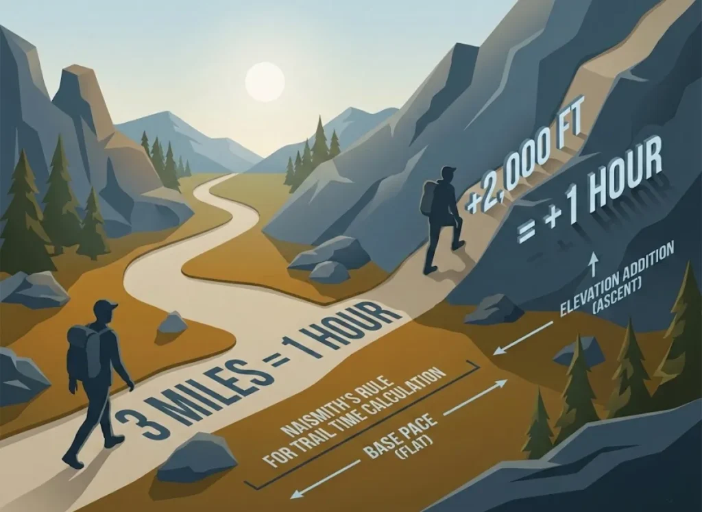 A sophisticated semantic infographic illustrating Naismith's Rule for hiking time estimation, featuring a hiker on flat terrain (3mph) and a hiker on a steep incline (2,000ft ascent), with integrated bold typography and premium editorial 3D styling.