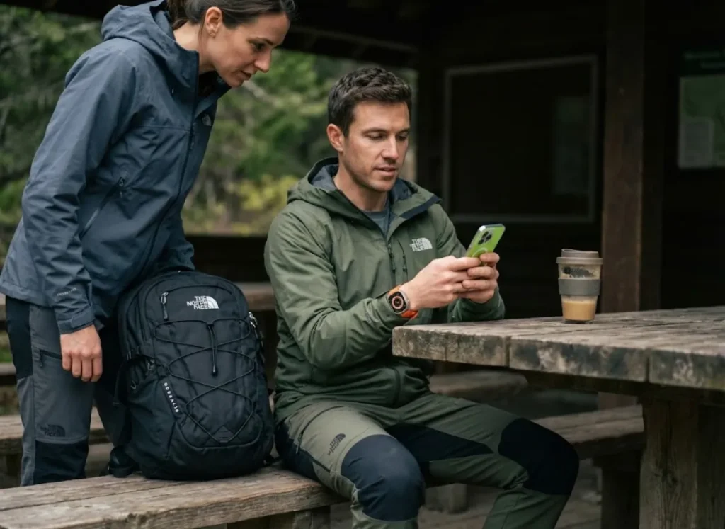 Hiker using a smartphone to plan a route with a partner, featuring a North Face backpack and Apple Watch Ultra.