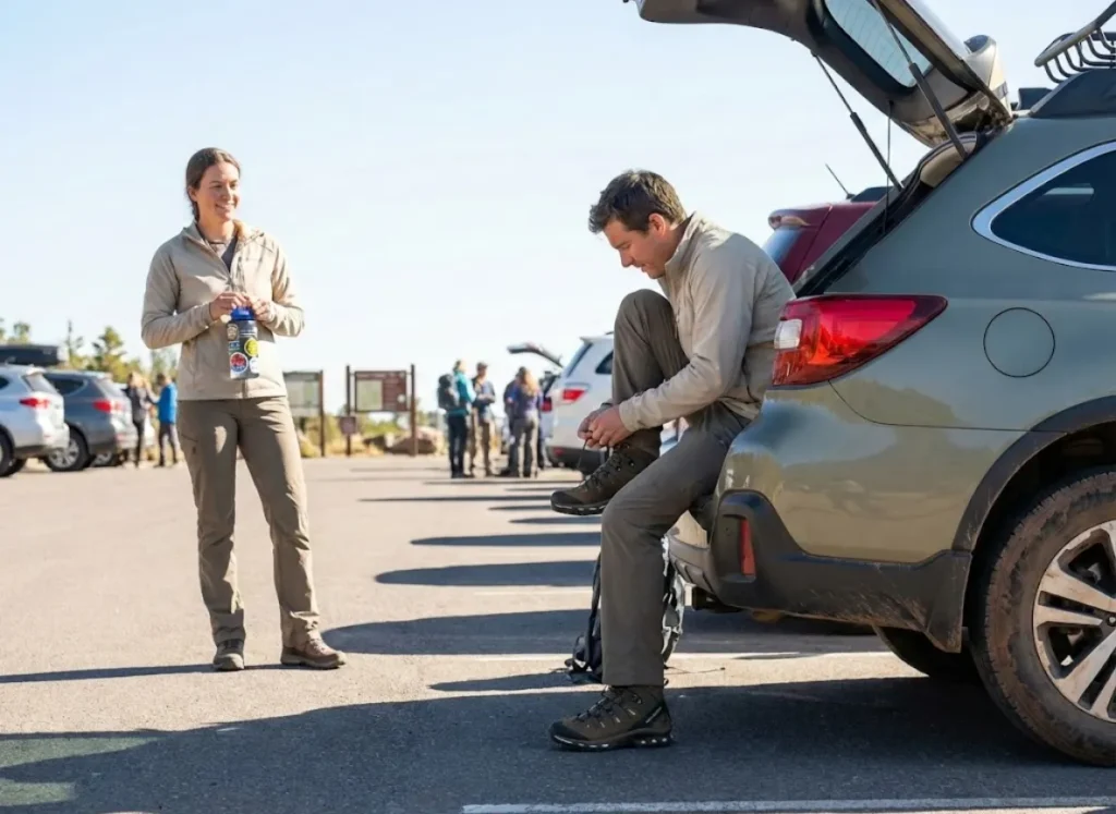 Hiker tying Salomon Quest 4 GTX boots on a Subaru Outback tailgate meeting a new partner.