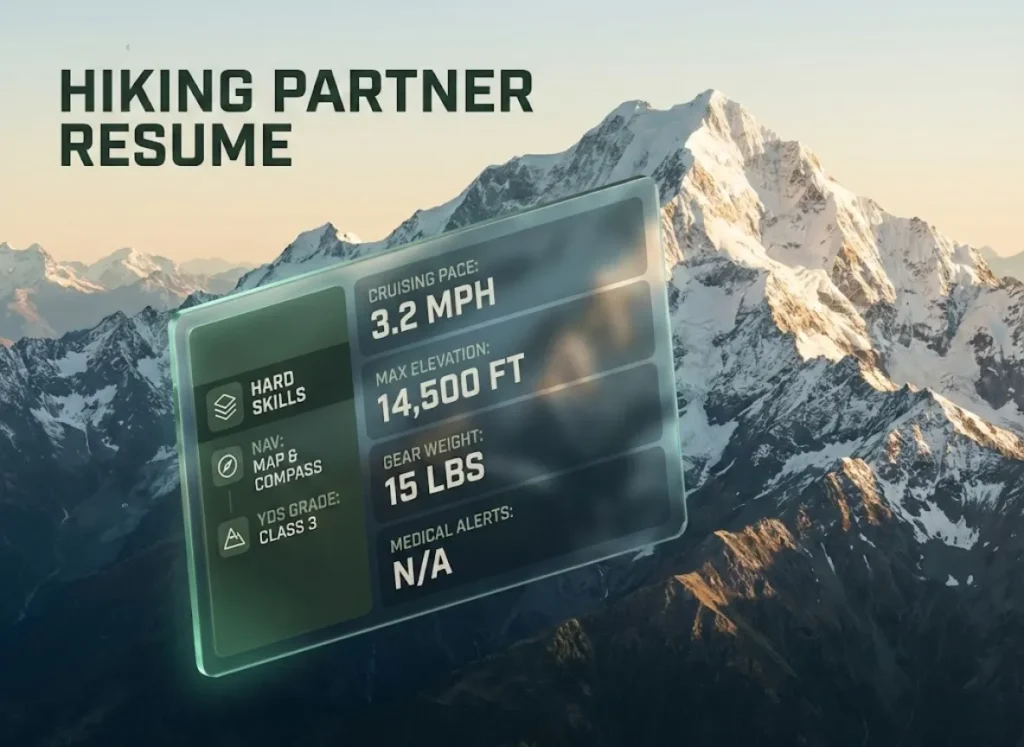 A premium editorial-style infographic displaying a "Hiking Partner Resume." The design features semi-transparent 3D data modules floating over a cinematic, high-altitude mountain landscape, detailing hiker metrics like pace, elevation, and technical skills.