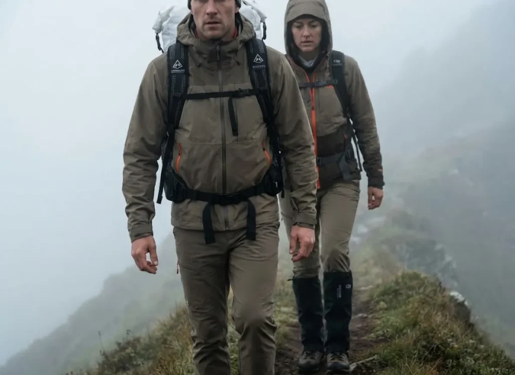 Two hikers sticking close together in misty conditions wearing Hyperlite Mountain Gear packs and Outdoor Research gaiters.