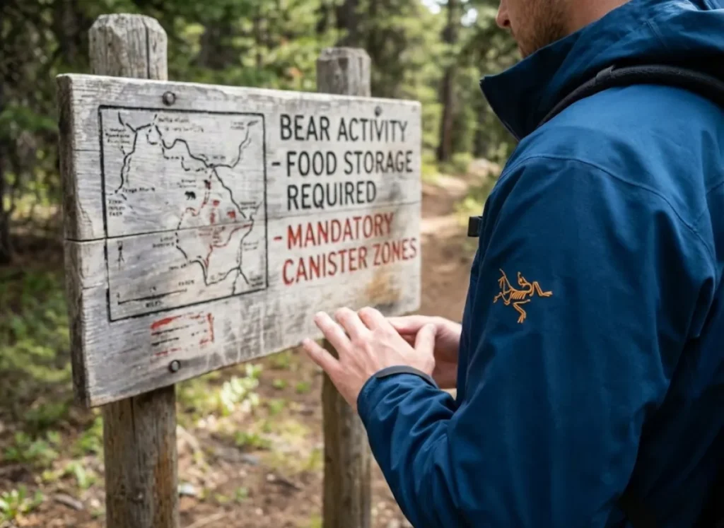 Hiker in an Arc'teryx jacket reading a trailhead sign about bear canister regulations.