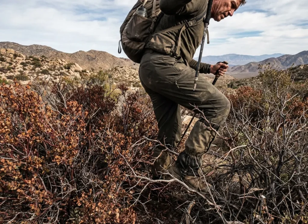 Hiker pushing through dense, sharp brush and vegetation, testing the snag resistance of their pants.