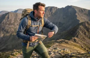 How to Calculate Hiking Time: Naismith & TAT Guide A hiker on a mountain ridge checking their watch and map as the sun begins to set, illustrating the importance of time management.