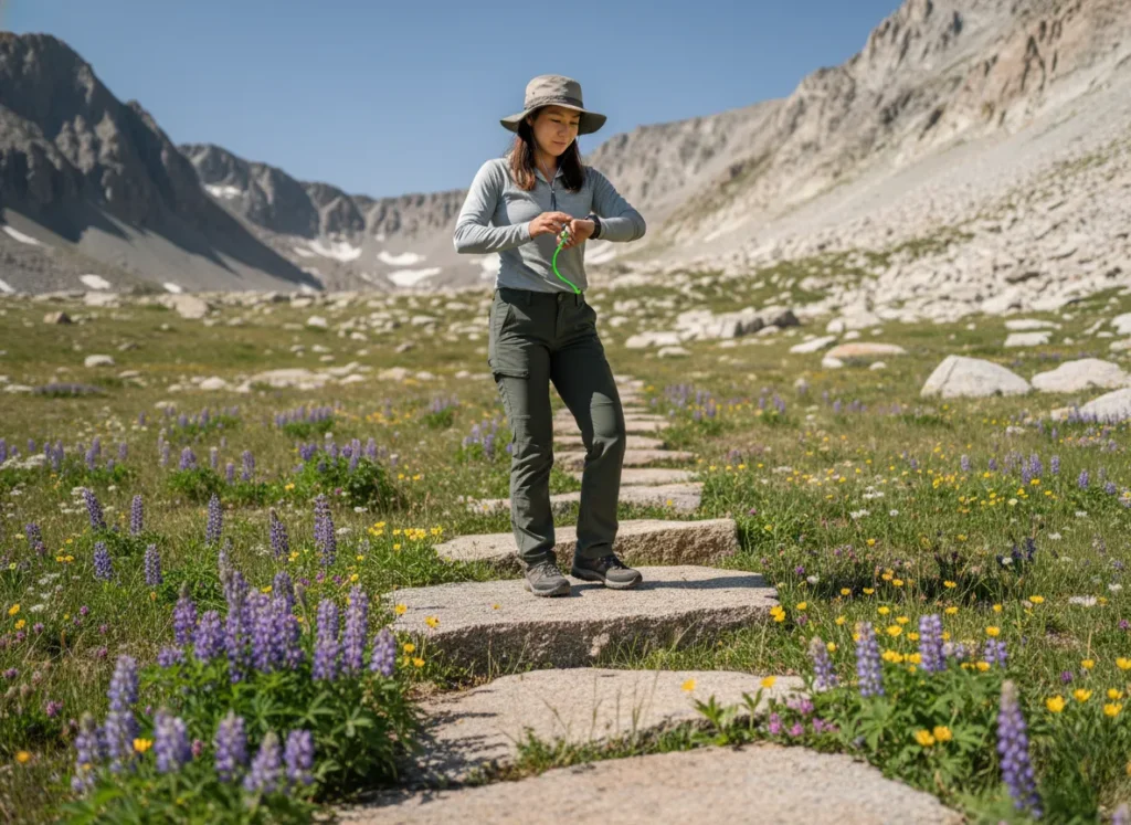 A female hiker practices Leave No Trace by carefully stepping on rocks in a fragile meadow, guided by her GPX watch.
