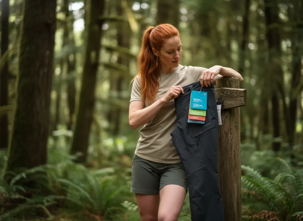 A female hiker paused on a trail, carefully reading the performance specifications on a hang-tag of a piece of gear.