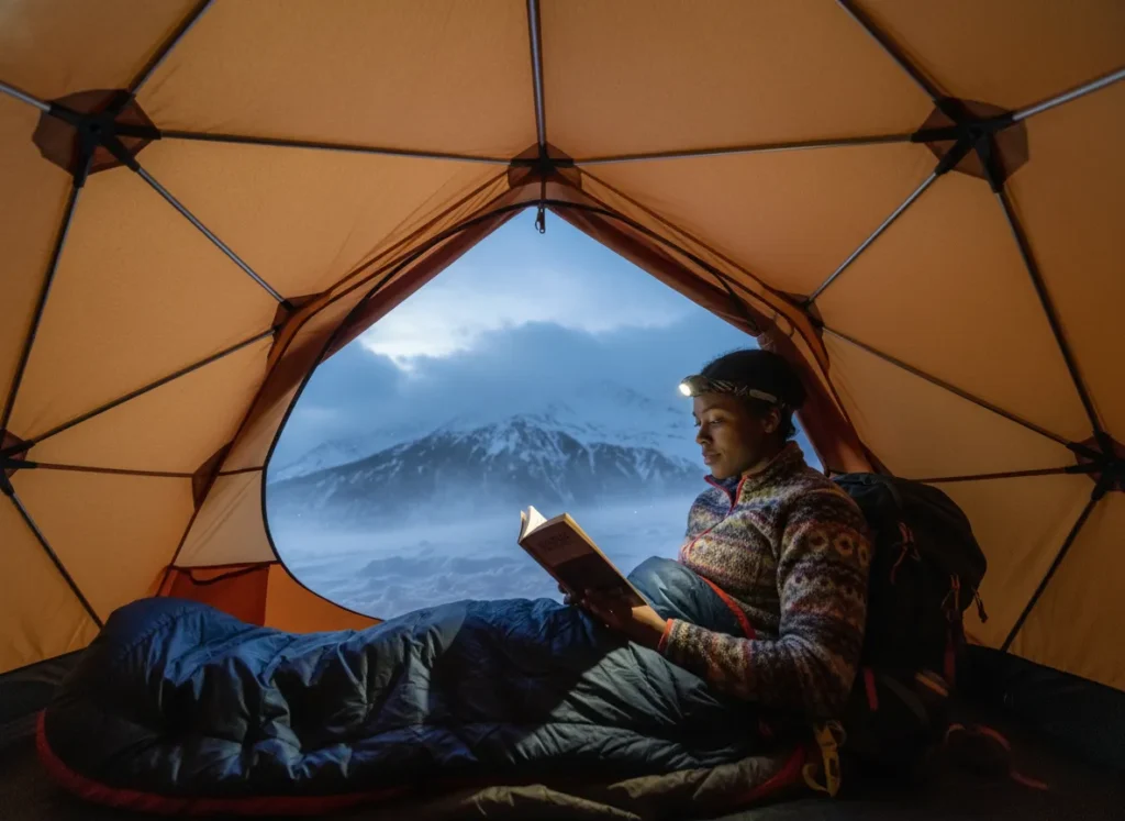 A calm female hiker sits comfortably inside her sturdy 4-season tent, safe from the blowing snow visible through the doorway, showcasing how proper gear ensures survival.