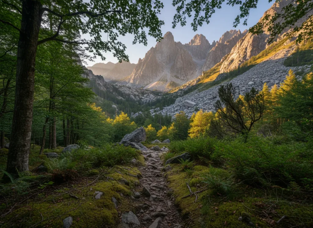 A landscape photograph showing a trail winding from a green forest up to rugged granite peaks.