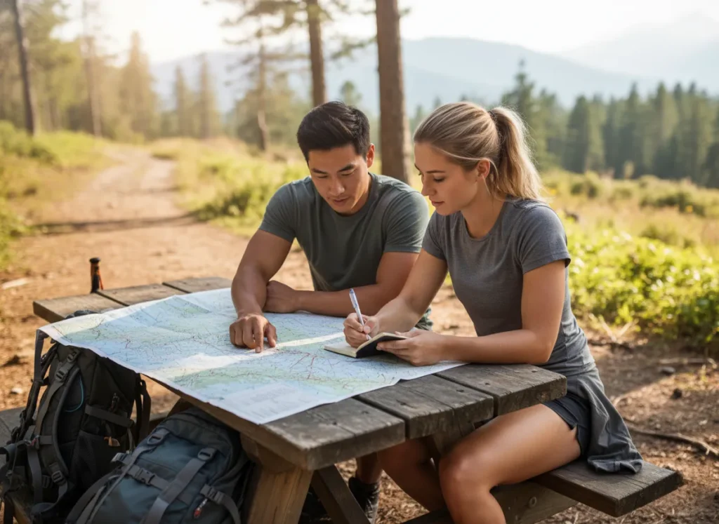 A hiking couple working together at a trailhead with a map and notebook to build a complete, step-by-step hike plan.