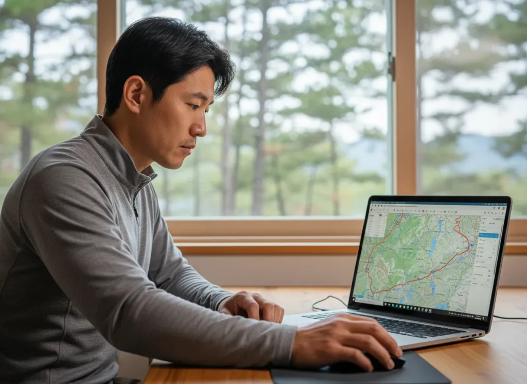 A man sits at a desk with a forest view, creating a GPX track from scratch on his laptop using mapping software.