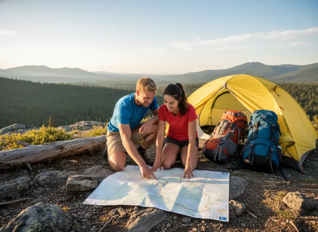 A hiking couple plans their route using a map at their scenic overlook campsite, matching their gear and tent to their specific trip.