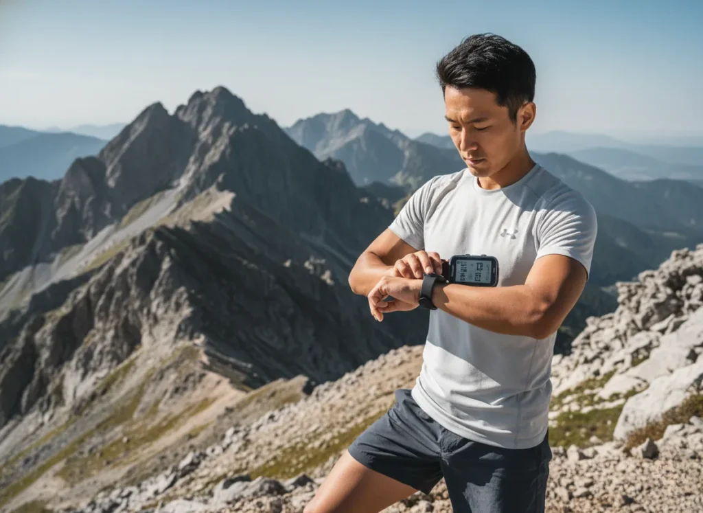 A fit male hiker checking his stats on a GPS watch at a mountain overlook to personalize his hiking time calculation.