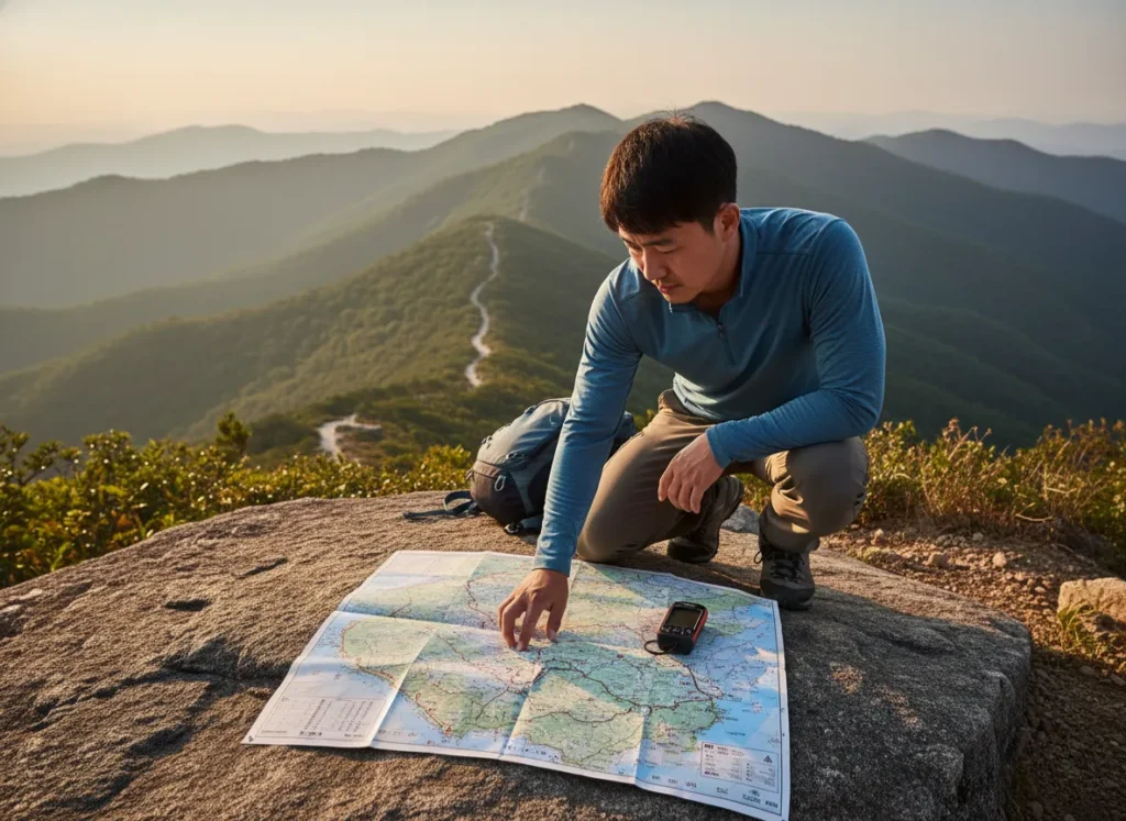 A male hiker carefully studies a topographic map at a trail overlook, representing the meticulous planning required for slackpacking.