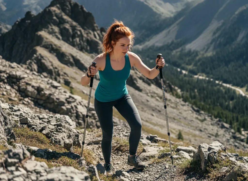 A female hiker using trekking poles to navigate a steep, rocky trail, refining her hiking time estimate for real-world conditions.