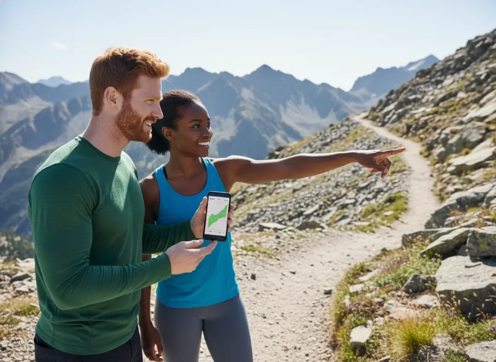 A couple on a mountain trail discusses their hiking strategy, looking at an elevation profile on a phone and pointing up the path.
