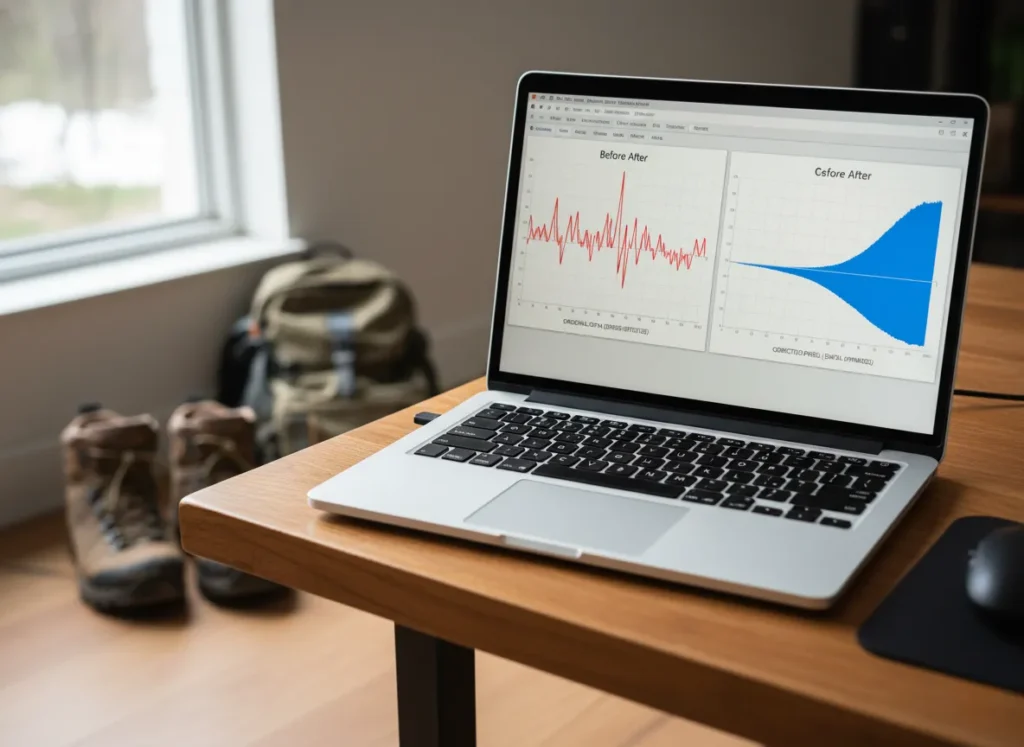 A laptop screen shows a side-by-side comparison of a flawed, spiky GPX elevation profile and a corrected, smooth version.