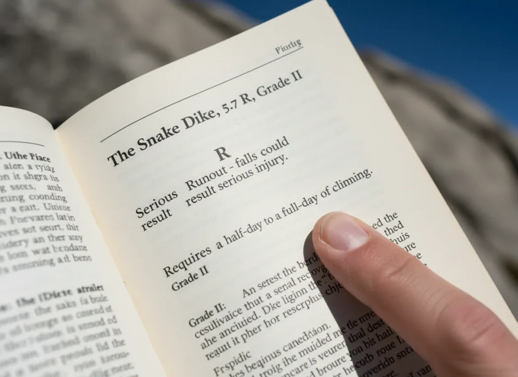 A close-up of a climbing guidebook page with a finger pointing to the protection and commitment grades of a full YDS route rating.