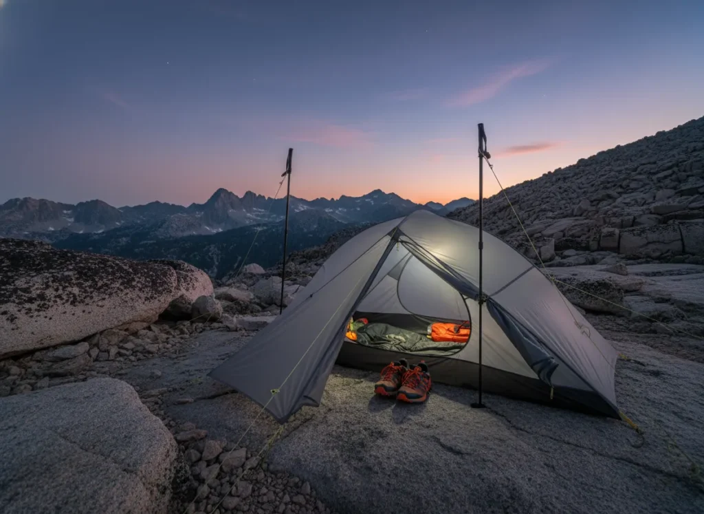A lightweight tent pitched on rocky terrain with trail running shoes in the vestibule.