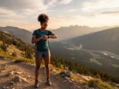 How to Calculate Hiking Time for Terrain & Fitness Level A fit woman in hiking gear checking her GPS watch on a mountain trail at sunset to calculate her hiking time.