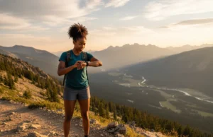 How to Calculate Hiking Time for Terrain & Fitness Level A fit woman in hiking gear checking her GPS watch on a mountain trail at sunset to calculate her hiking time.