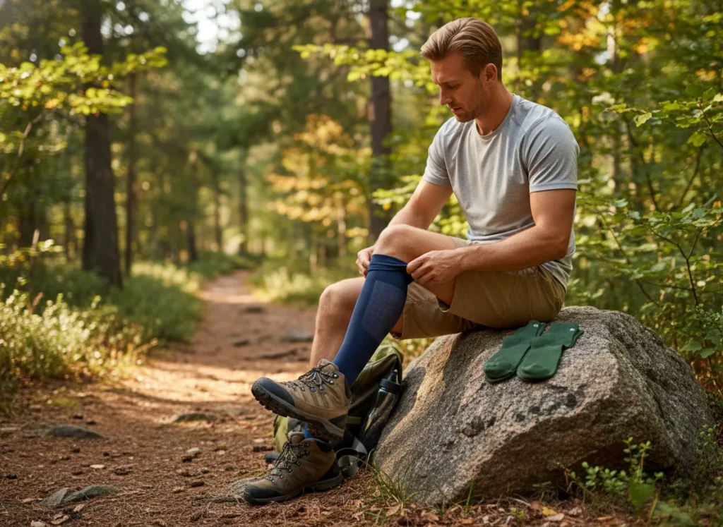A male hiker sits on a rock examining a pair of compression socks, deciding which ones to wear for his hike.